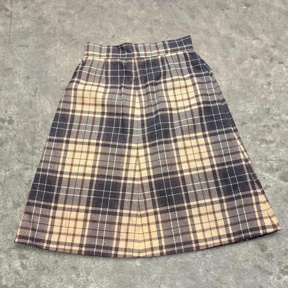 vtg 80s plaid cottage indie high waisted skirt small brown grey cream - Picture 7 of 11
